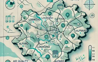 Mapa ilustrado de La Rioja, España, con la ubicación destacada de las estaciones de calidad del aire, incluyendo puntos estratégicos como Logroño (La Cigüeña) y Alfaro, utilizadas para la monitorización ambiental y el control de contaminantes en la región.